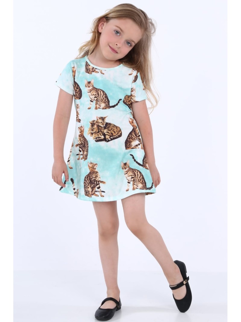 Girls\' dress with cats, mint NDZ8164 - Online store - Boutique